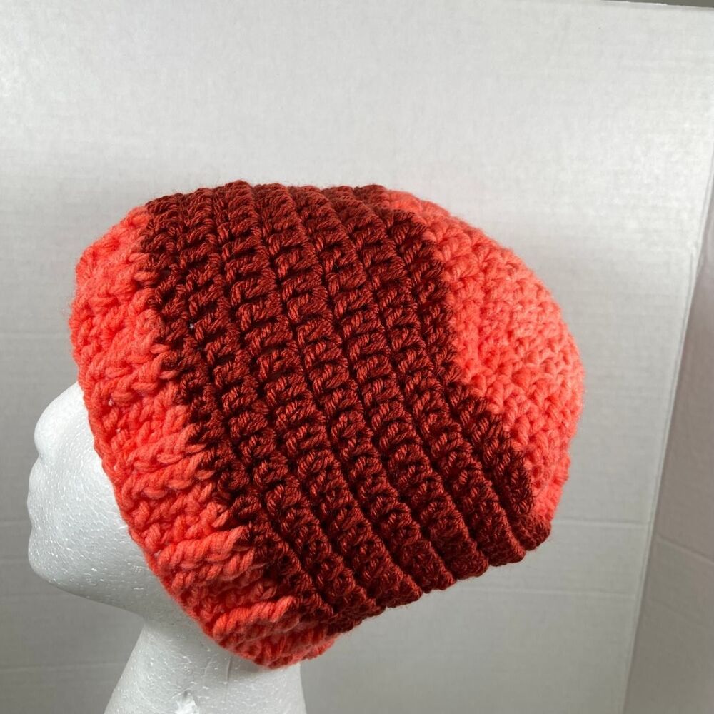 Unbranded Handmade Crochet Beanie Hat Coral Red Brown Striped Textured Hand